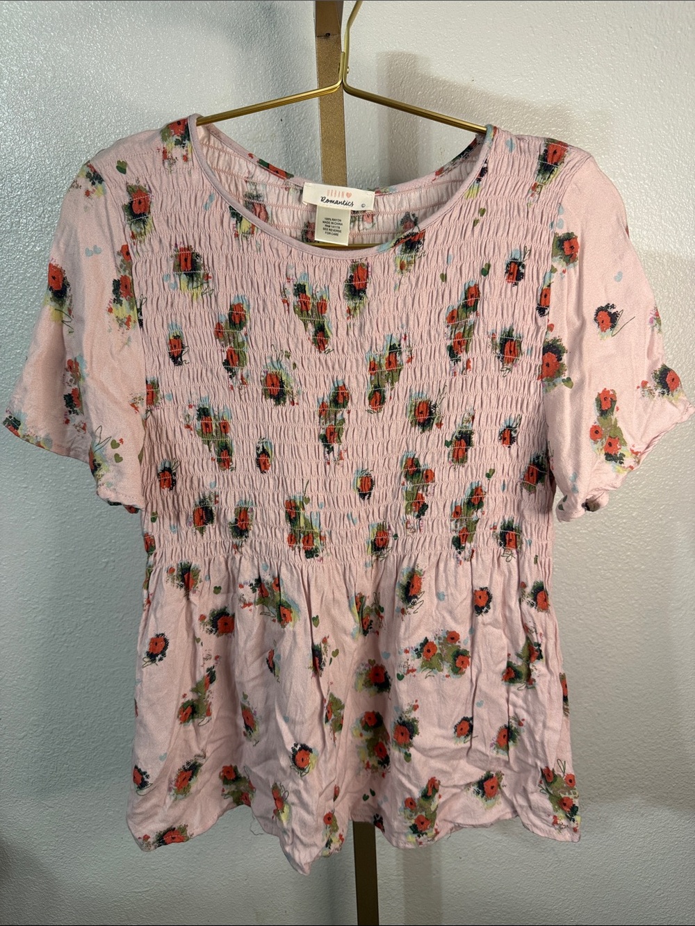 URBAN Romantics Pink Floral Smocked Peplum Top- Large